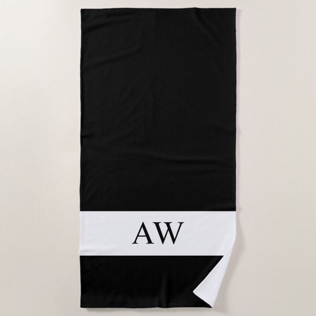 Elegantes Schwarz-weißes Mit Monogramm Strandtuch (Vorderseite)