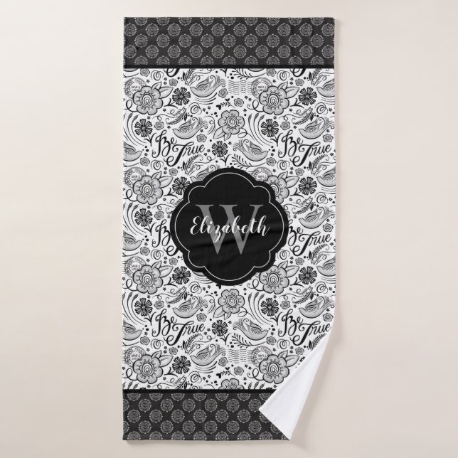 Elegantes Schwarz-weißes Monogramm Badhandtuch Set (Badehandtuch)
