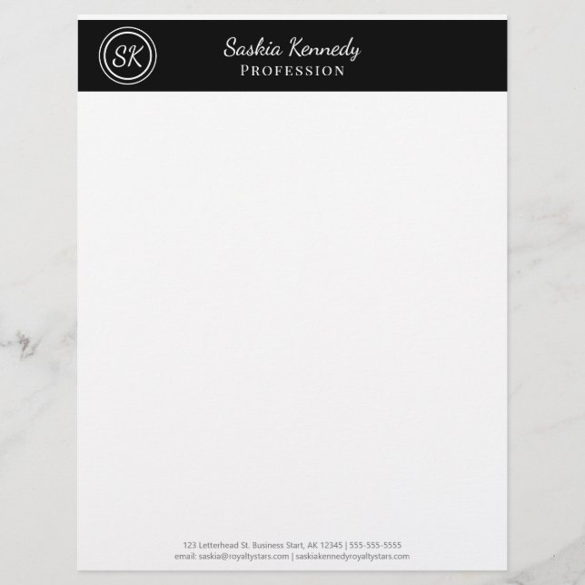 Elegantes Schwarz-weißes Monogramm-Geschäft Briefbogen (Vorderseite)