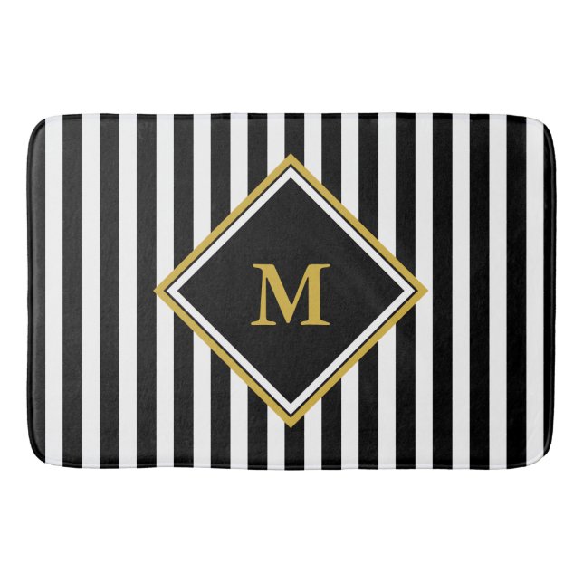 Elegantes Schwarz-weißes Monogramm gestreift Badematte (Vorderseite)