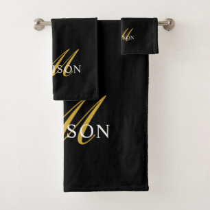 Elegantes Schwarz-weißes Monogramm-Gold-Script Badhandtuch Set