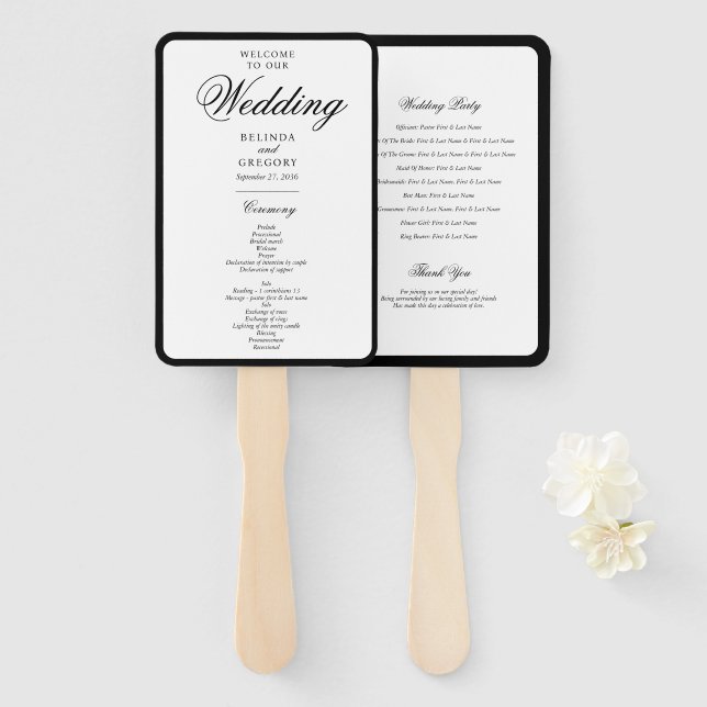 Elegantes Schwarz-weißes Monogramm-Hochzeitsprogra Fächer (Vorne und Hinten)