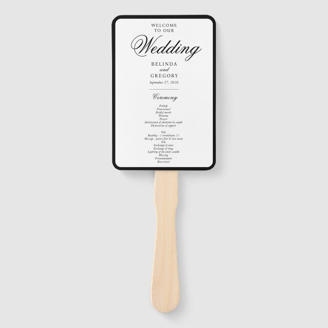 Elegantes Schwarz-weißes Monogramm-Hochzeitsprogra Fächer (Vorderseite)