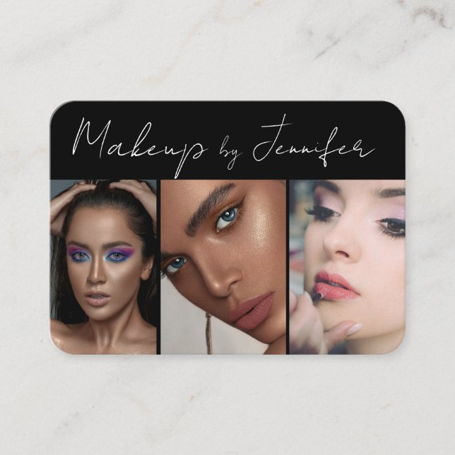 Elegantes Schwarz-weißes Script 3 Foto Makeup Visitenkarte (Vorderseite)
