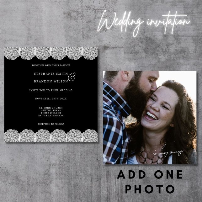 Elegantes Schwarz-weißes Spitzen-Foto Hochzeit Einladung (Von Creator hochgeladen)