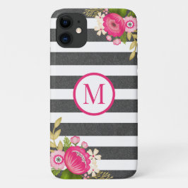 Elegantes Schwarz-weißes Streifen Monogramm Case-Mate iPhone Hülle