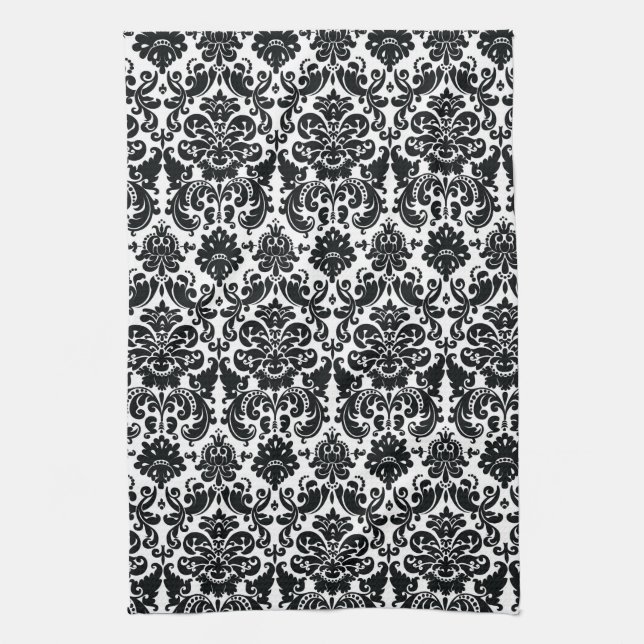 Elegantes Schwarz-weißes Vintages Damast-Muster Handtuch (Vertikal)