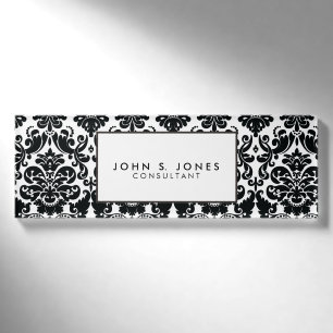 Elegantes Schwarz-weißes Vintages Damast-Muster Namenschild