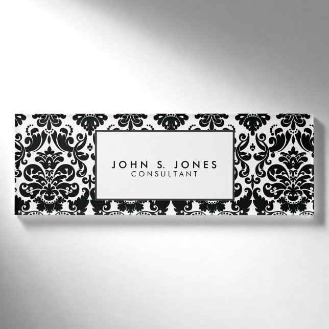 Elegantes Schwarz-weißes Vintages Damast-Muster Namenschild (Vorderseite)