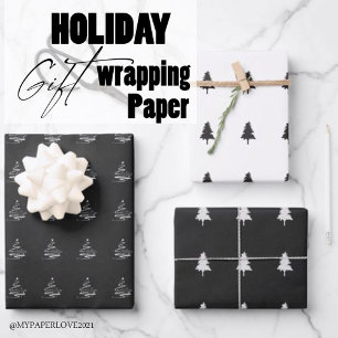 Elegantes Schwarz-weißes Weihnachtsbaumgeschenk Geschenkpapier Set
