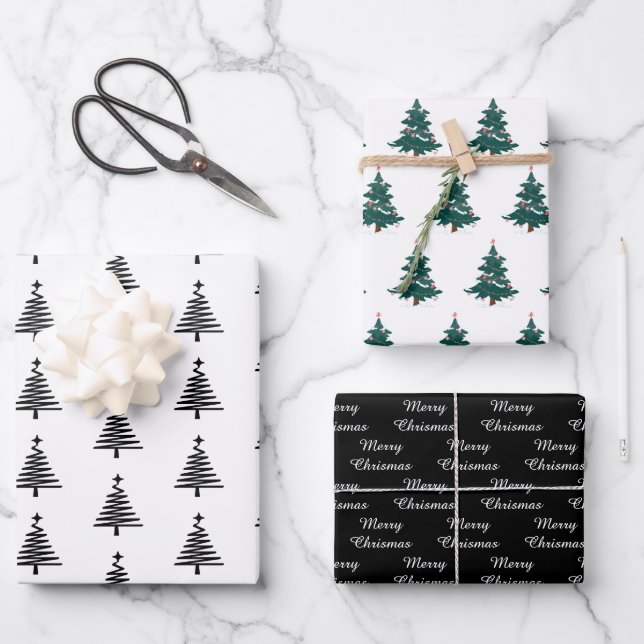 Elegantes Schwarz-weißes Weihnachtsbaumgeschenk Wr Geschenkpapier Set (Vorderseite)