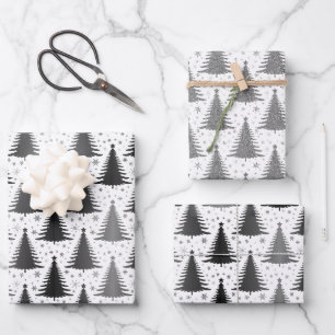 Elegantes Schwarz-weißes Weihnachtsbaummuster Geschenkpapier Set
