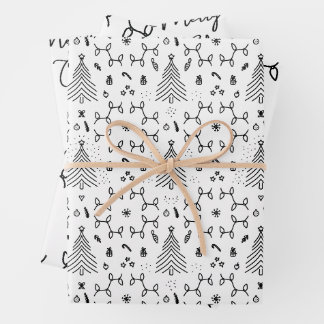 Elegantes Schwarz-weißes Weihnachtsbaummuster Geschenkpapier Set