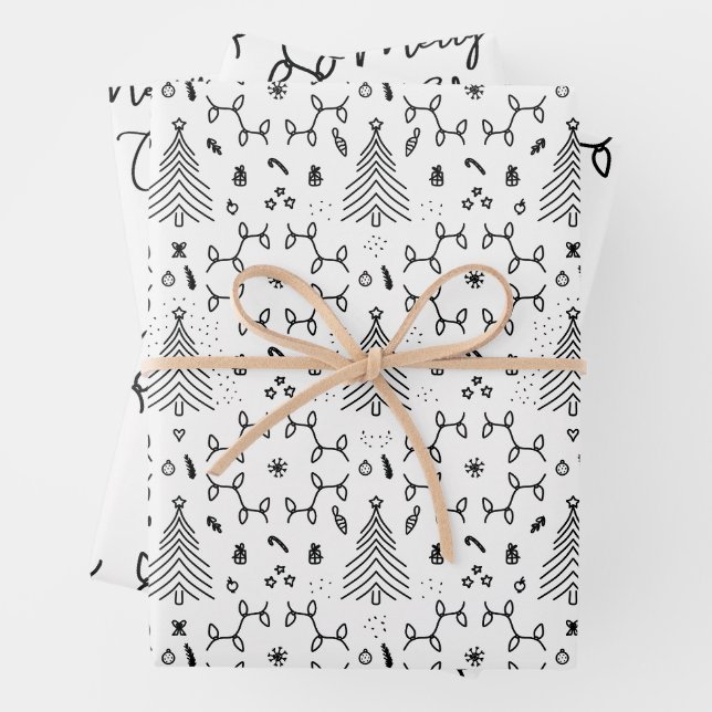 Elegantes Schwarz-weißes Weihnachtsbaummuster Geschenkpapier Set (Beispiel)