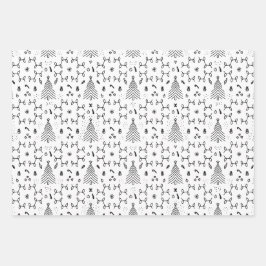 Elegantes Schwarz-weißes Weihnachtsbaummuster Geschenkpapier Set