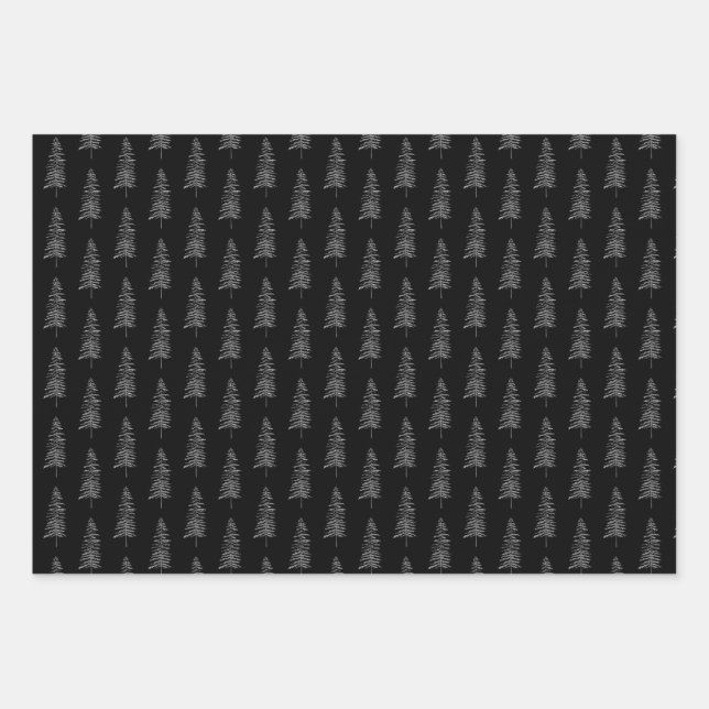 Elegantes Schwarz-weißes Weihnachtsbaummuster Geschenkpapier Set (Vorderseite 3)