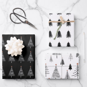 Elegantes Schwarz-weißes Weihnachtsbaummuster Geschenkpapier Set