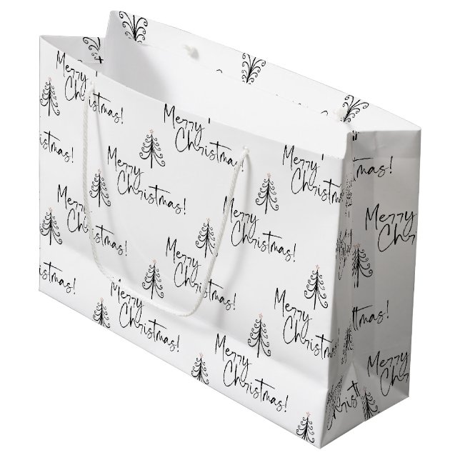 Elegantes Schwarz-weißes Weihnachtsbaummuster Große Geschenktüte (Vorderseite Schrägansicht)