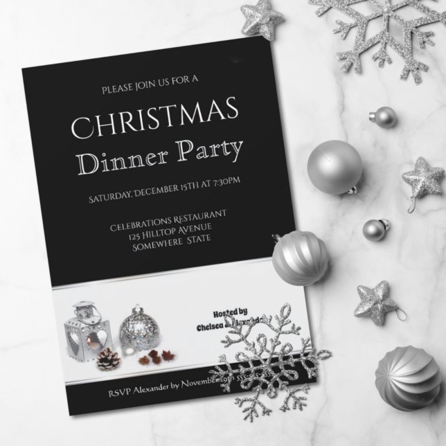 Elegantes Schwarz-weißes Weihnachtsessen Party Einladung (Von Creator hochgeladen)