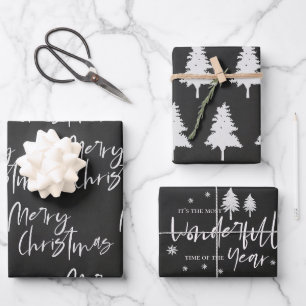 Elegantes Schwarz-weißes Weihnachtsgeschenk Geschenkpapier Set