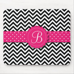Elegantes Schwarz-weißes Zickzack Monogramm-Girly Mousepad