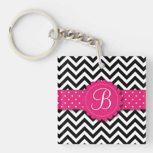 Elegantes Schwarz-weißes Zickzack Monogramm-Girly Schlüsselanhänger