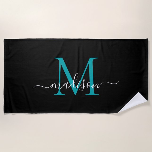 Elegantes Schwarzes Aquamarines Monogramm Feminine Strandtuch (Vorderseite)