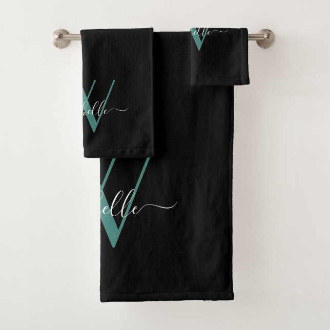 Elegantes Schwarzes Aquamarines Monogramm Name Skr Badhandtuch Set (Insitu)