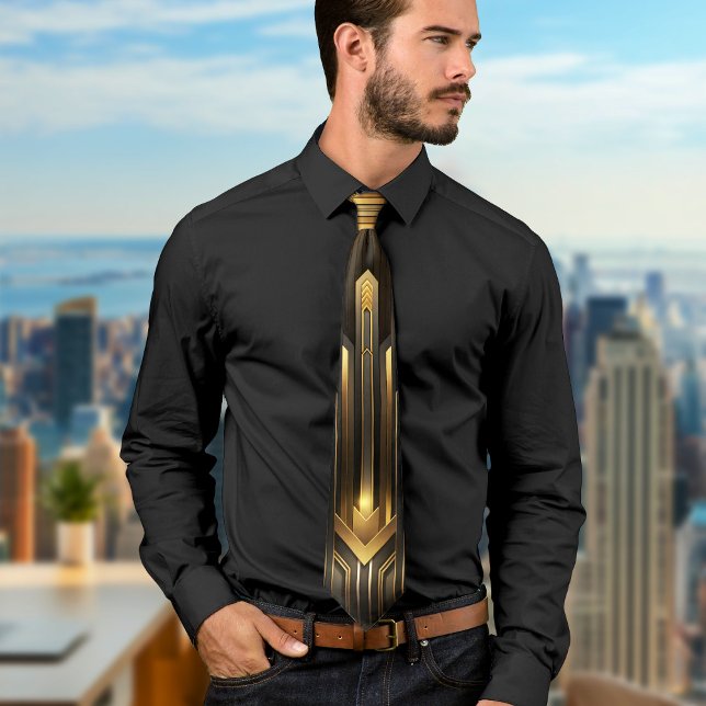 Elegantes Schwarzes Art Deco Geometrisches Muster  Krawatte (Elegant Black Art Deco Geometric Pattern Vintage Neck Tie)