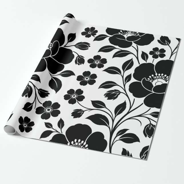 Elegantes schwarzes Blumenmuster Geschenkpapier (Ungerollt)