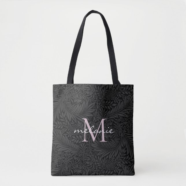 Elegantes Schwarzes Blütenpinsel-Script-Monogramm Tasche (Vorderseite)