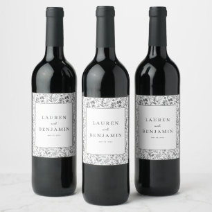 Elegantes schwarzes Botanik-Motiv Weinetikett