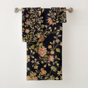 Elegantes Schwarzes Botanisches Blumenmuster Badhandtuch Set