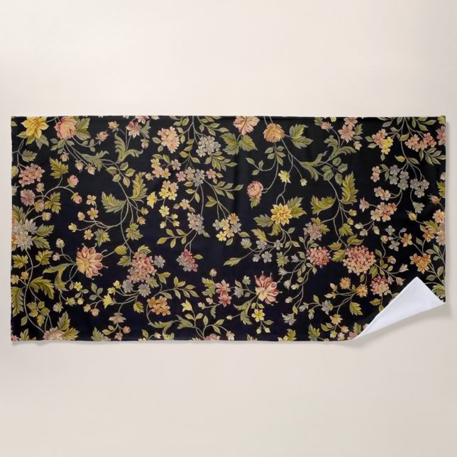 Elegantes Schwarzes Botanisches Floral Strandtuch (Vorderseite)