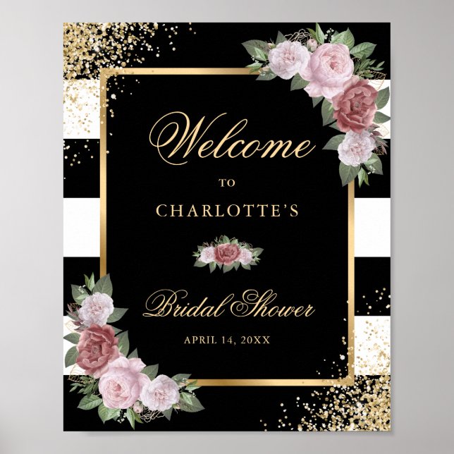 Elegantes Schwarzes Brautparty Blütenzeichen Poster (Vorne)