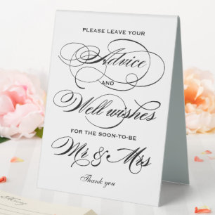 Elegantes schwarzes Bridal Shower Advice-Schild mi Tischaufsteller