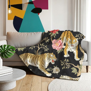 Elegantes schwarzes Chinoiserie-Tiger- und Pfingst Fleecedecke