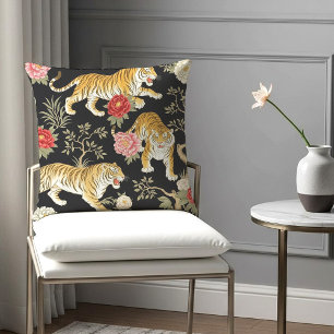 Elegantes schwarzes Chinoiserie-Tiger- und Pfingst Kissen
