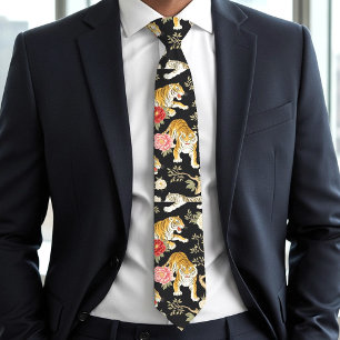 Elegantes schwarzes Chinoiserie-Tiger- und Pfingst Krawatte