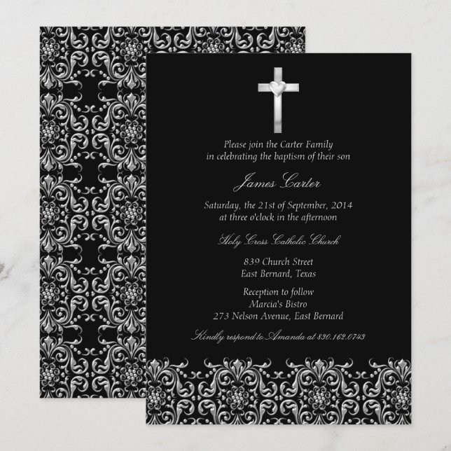 Elegantes Schwarzes Damaskus & Cross Taufen/Christ Einladung (Vorne/Hinten)