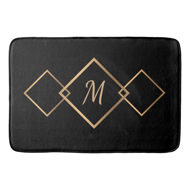 Elegantes Schwarzes Diamant Geometrisches Monogram Badematte (Vorderseite)
