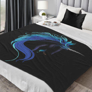 Elegantes Schwarzes Einhorn Blau Silber Magische F Fleecedecke