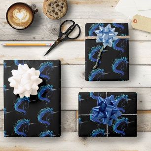 Elegantes Schwarzes Einhorn Blau Silber Magische F Geschenkpapier Set