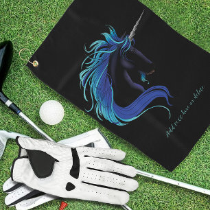 Elegantes Schwarzes Einhorn Blau Silber Magische F Golfhandtuch