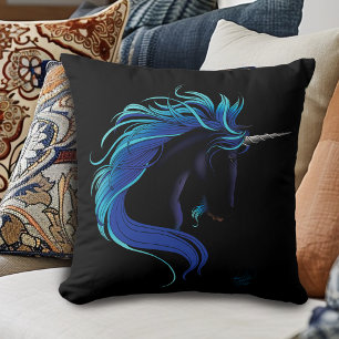 Elegantes Schwarzes Einhorn Blau Silber Magische F Kissen