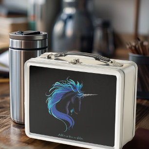 Elegantes Schwarzes Einhorn Blau Silber Magische F Metall Brotdose