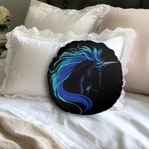 Elegantes Schwarzes Einhorn Blau Silber Magische F Rundes Kissen