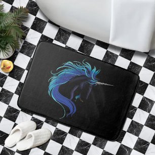 Elegantes schwarzes Einhorn, blau-silberne magisch Badematte