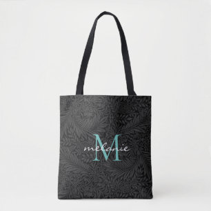 Elegantes Schwarzes Floral Aquamarines Script Mono Tasche