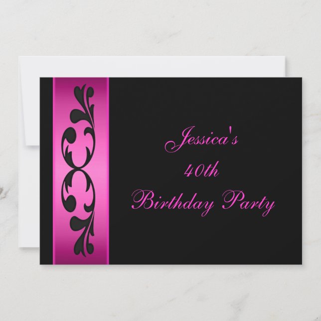 Elegantes Schwarzes Floral Hot Pink Party Einladung (Vorderseite)